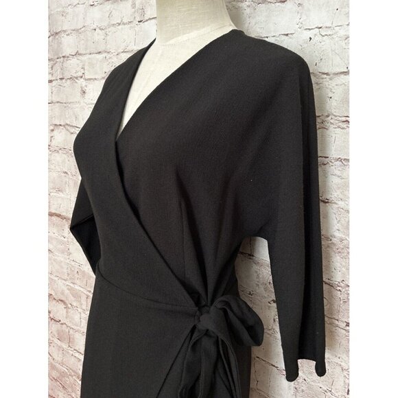 TOPSHOP Wrap Dress US 4 Black LBD Knee Length Pockets Crepe Stretch NEW - Picture 3 of 6